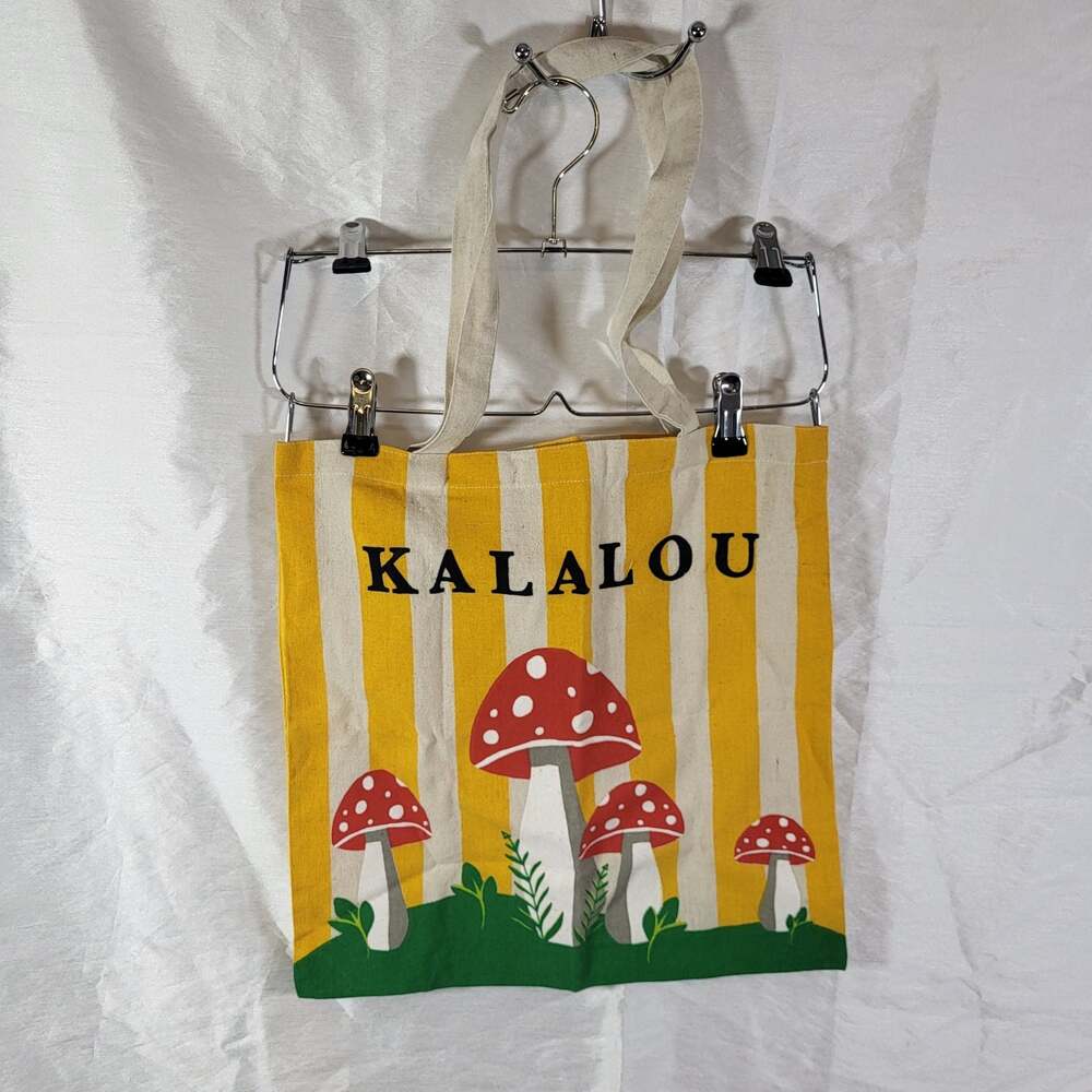Vintage Kalalou Yellow and White Striped Canvas Tote Bag with Mushroom Print